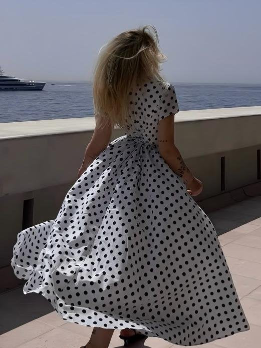 Cotton Maxi Dress, Short Sleeve, Shawl Collar, Polka Dot, Vintage, White