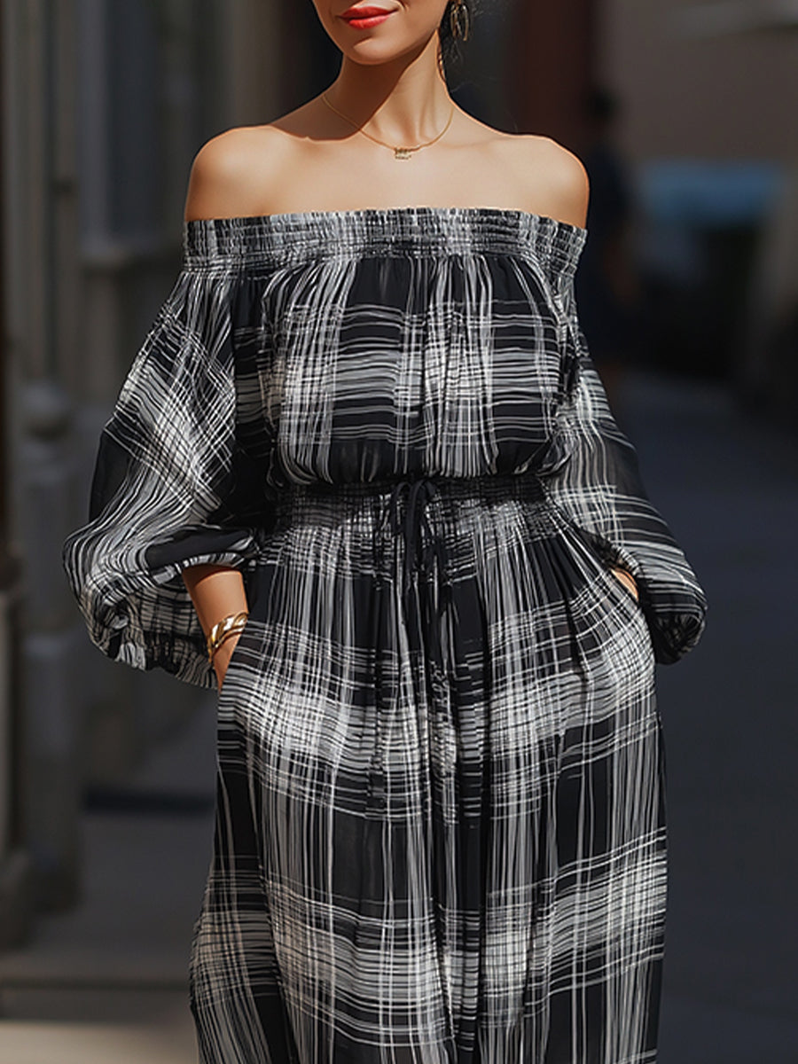 Elegant Off-the-Shoulder Plaid Maxi Dress