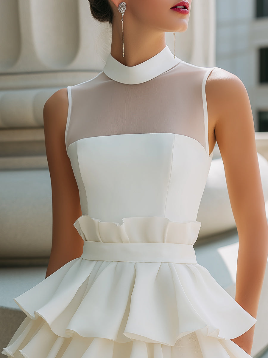 High-Neck Sheer Yoke Tiered Ruffle Mini Dress