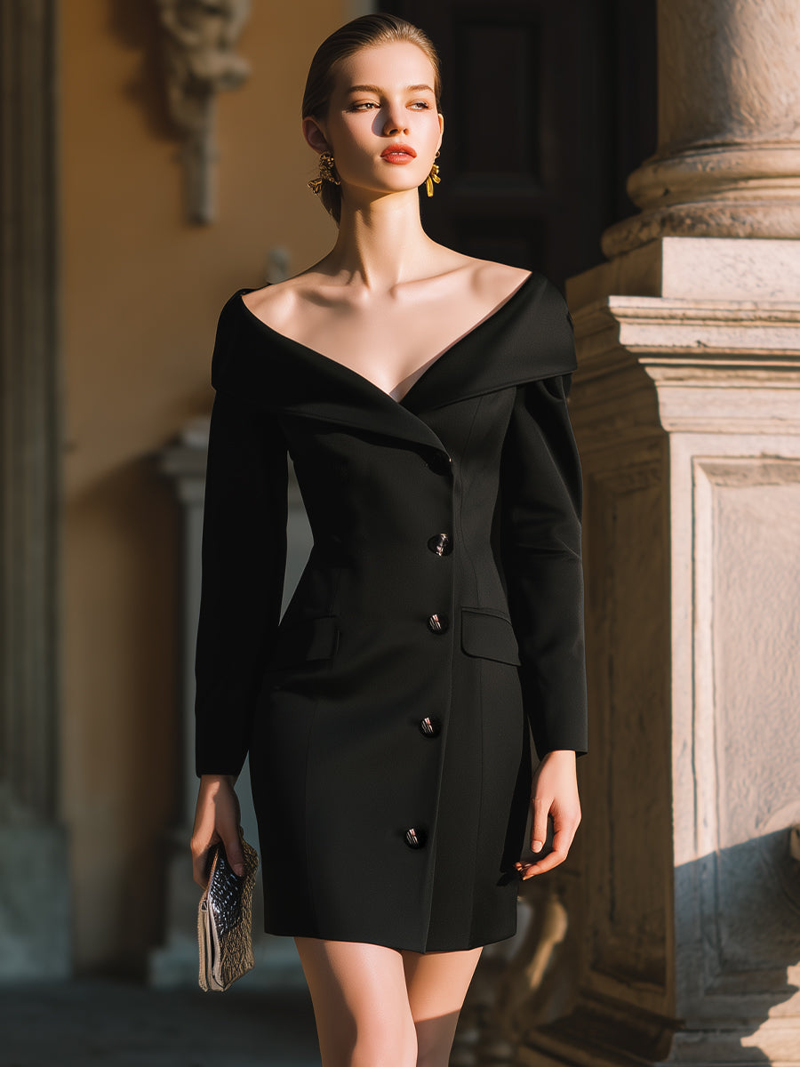 Off-Shoulder Buttoned Mini Dress