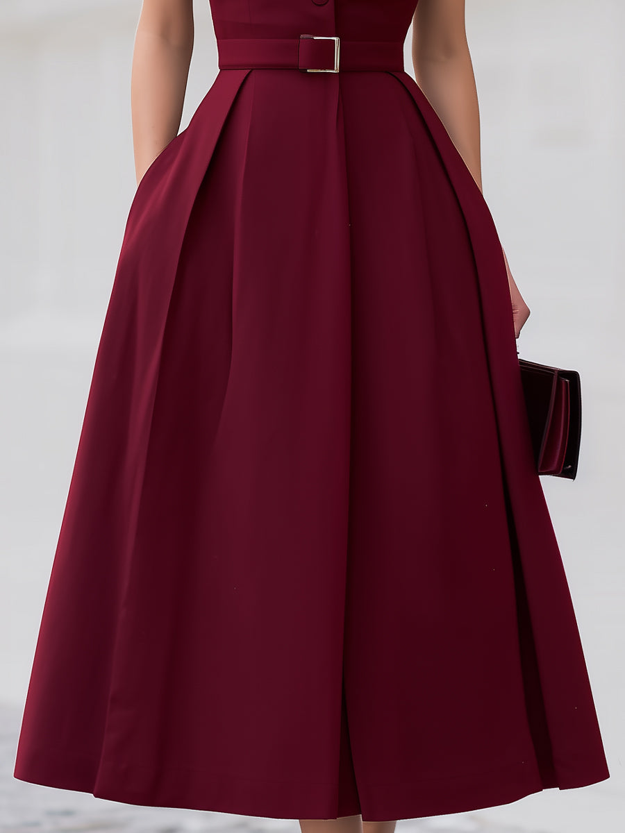 Luxe Burgundy Tailored-Collar Midi Dress