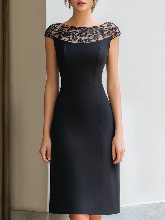 Lace Neckline Cap Sleeve Sheath Dress