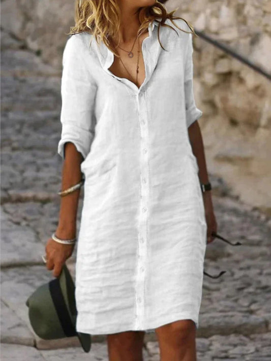 Loose Lapels Button Half Sleeve Solid Color Tunic Dress