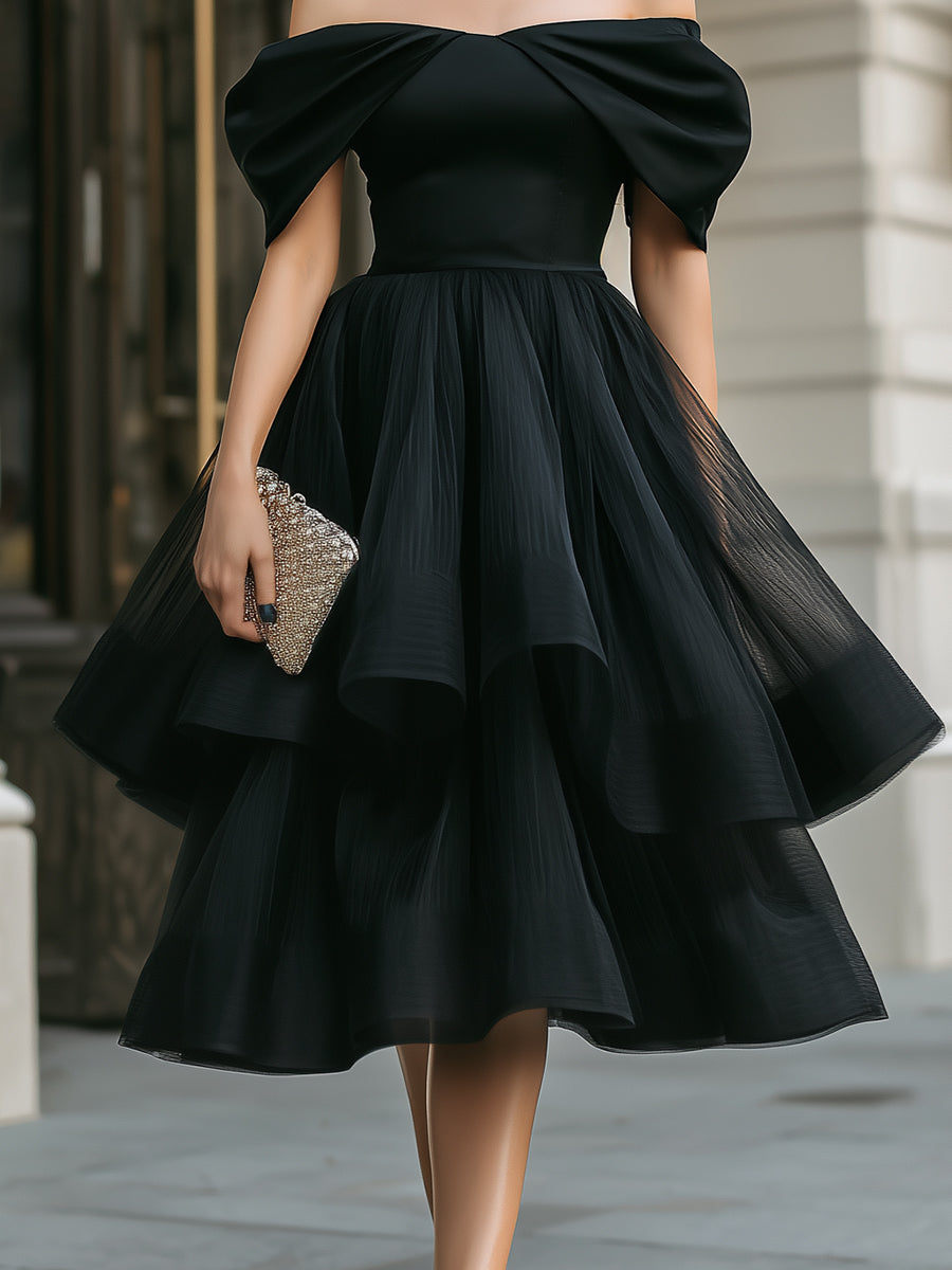 Off-Shoulder Layered Tulle Midi Dress