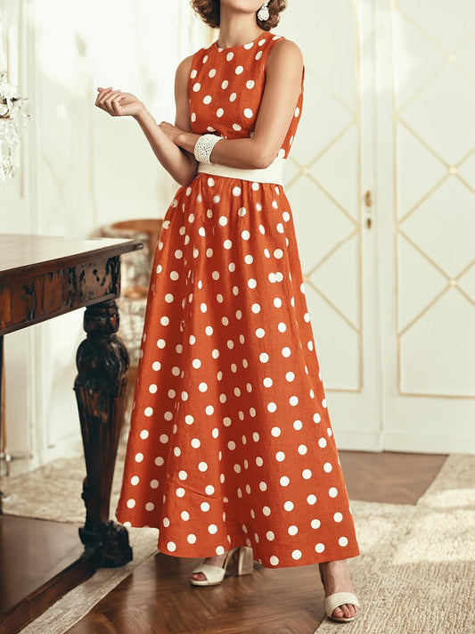 Maxi Cotton Dress , Sleeveless, Round Neck, Polka Dots, Belt Design, Vintage, Orange Red