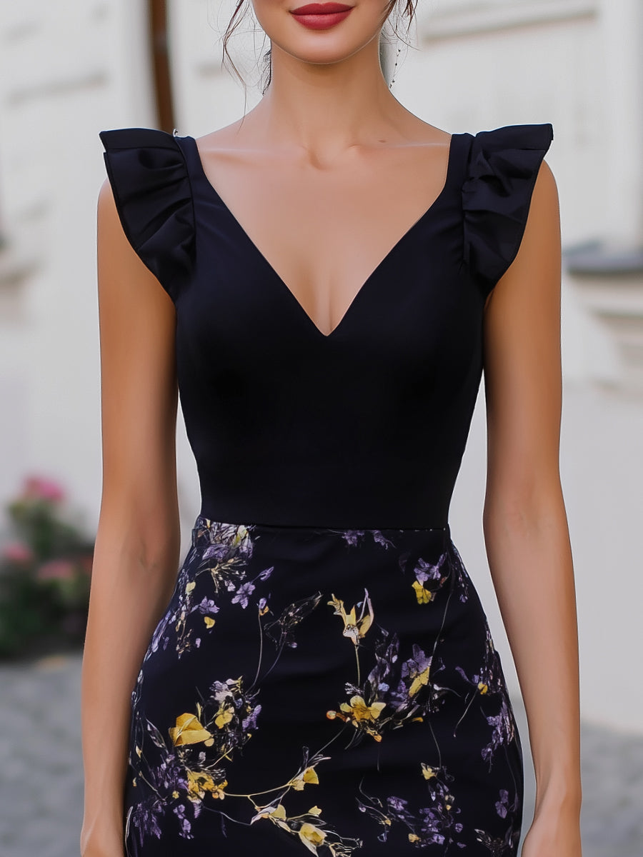 V-Neck Ruffle-Shoulder Floral Midi Dress