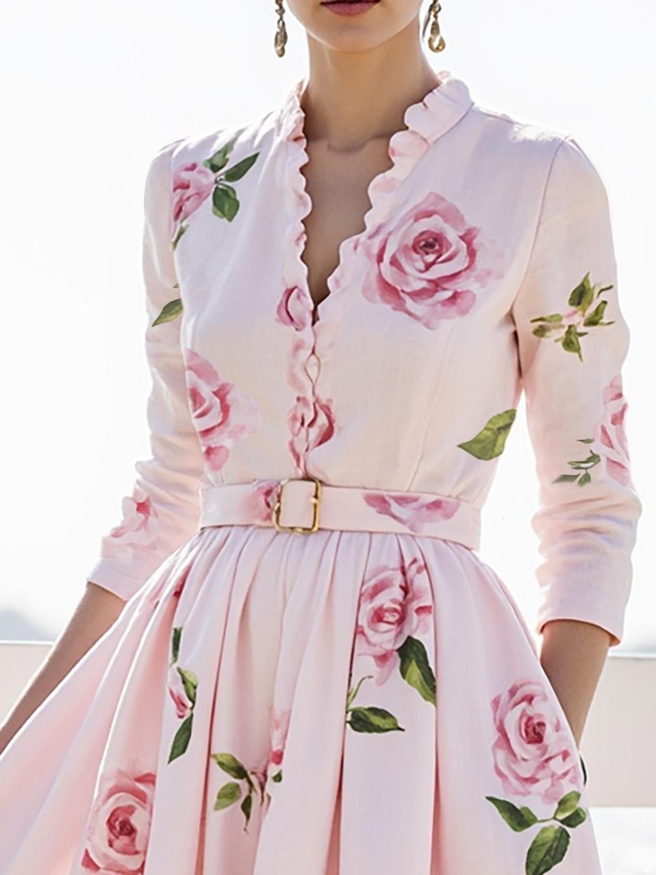 Midi Linen Dress , Long Sleeves, V Neck, Floral, Belt Design, Vacation, Vintage, Light Pink