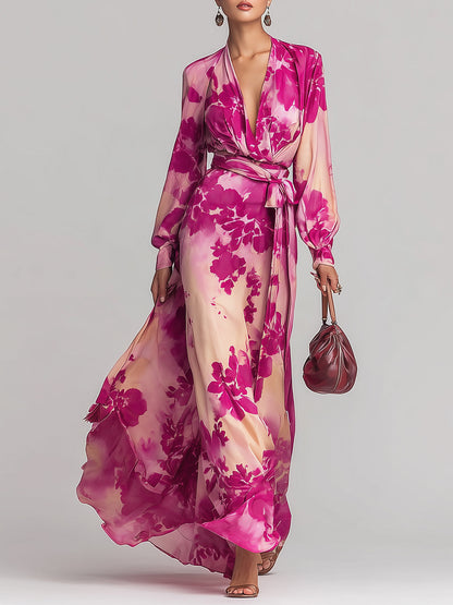 Romantic Rose-red Floral V-neck Long Dress With Tie Waist