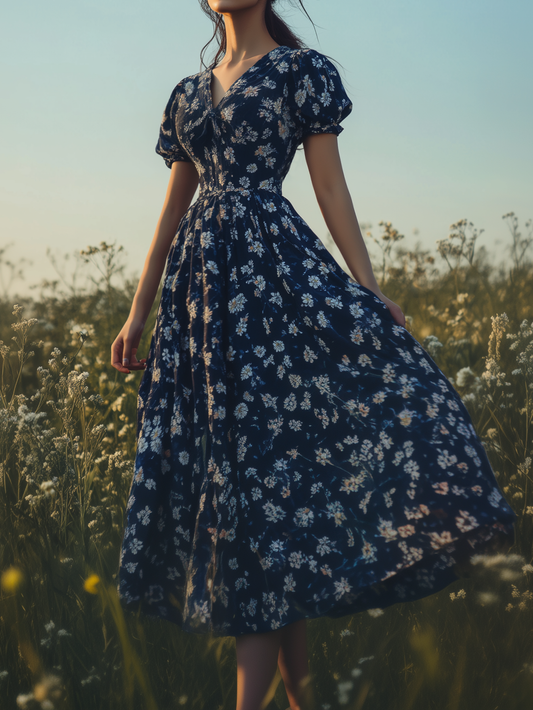 Linen Maxi Dress, V neck,  Floral, Daily, Short Sleeve, Blue