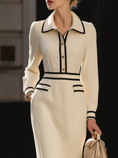 Classic Contrast-Trim Midi Dress With Button Detail