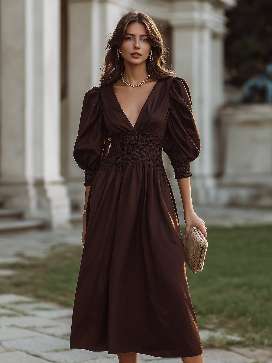 Smocked Waist V-Neck Midi Dress