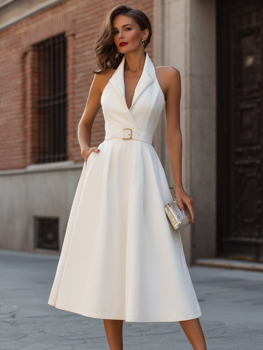 White Belted Halter Neck Midi Dress