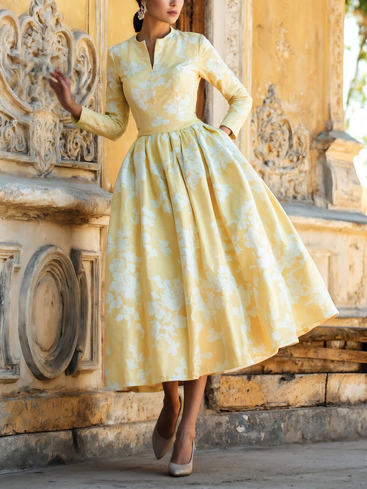 Midi Linen Dress, Long Sleeves, V Neck, Floral, Pocket Design, Vintage, Yellow