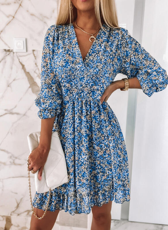 Mid-Length Dress Pullover Print Short Sleeve Puff Sleeve Mid-Waist Floral Dress