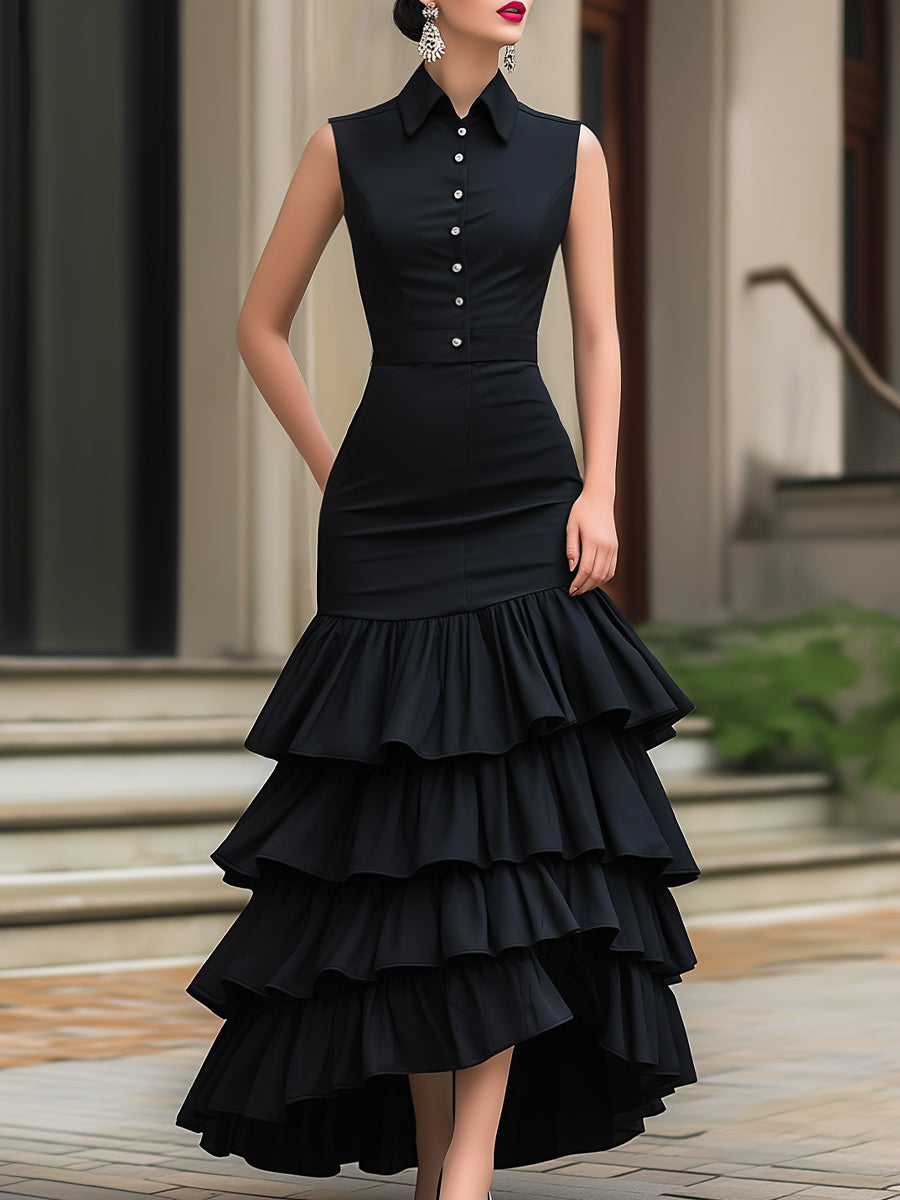 Sleeveless Button-Front Tiered Ruffle Maxi Dress