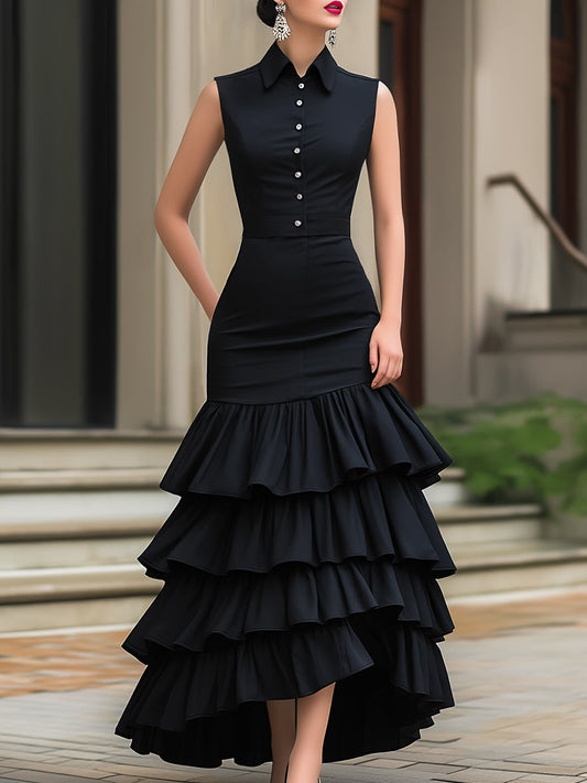 Sleeveless Button-Front Tiered Ruffle Maxi Dress