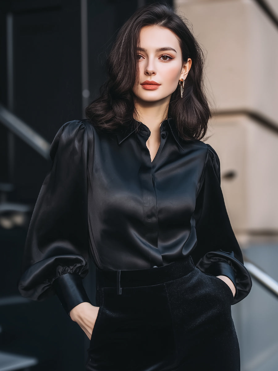 Luxury Satin Puff-Sleeve Button-Up Blouse