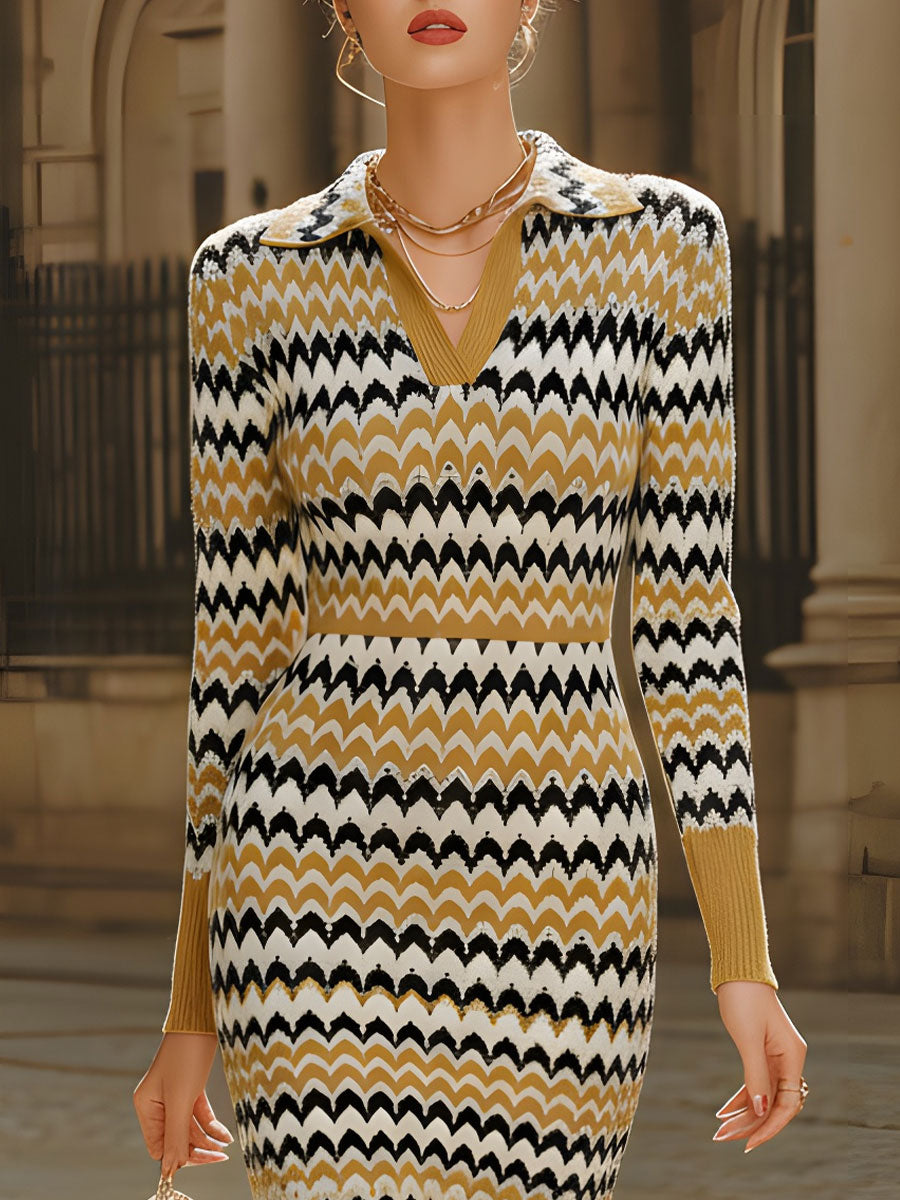 Retro Chevron Print Polo Collar Knit Midi Dress