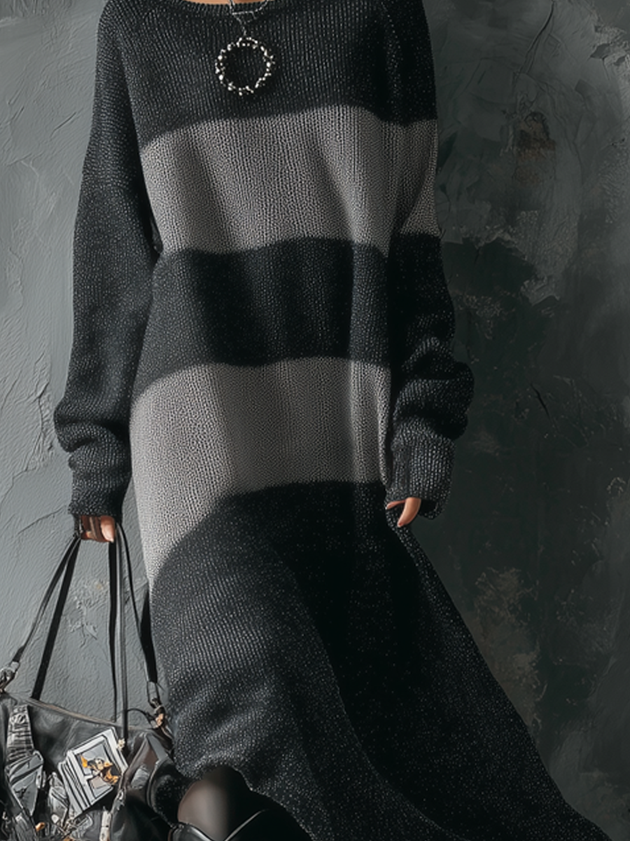 Retro Round Neck Contrast Color Knitted Midi Dress