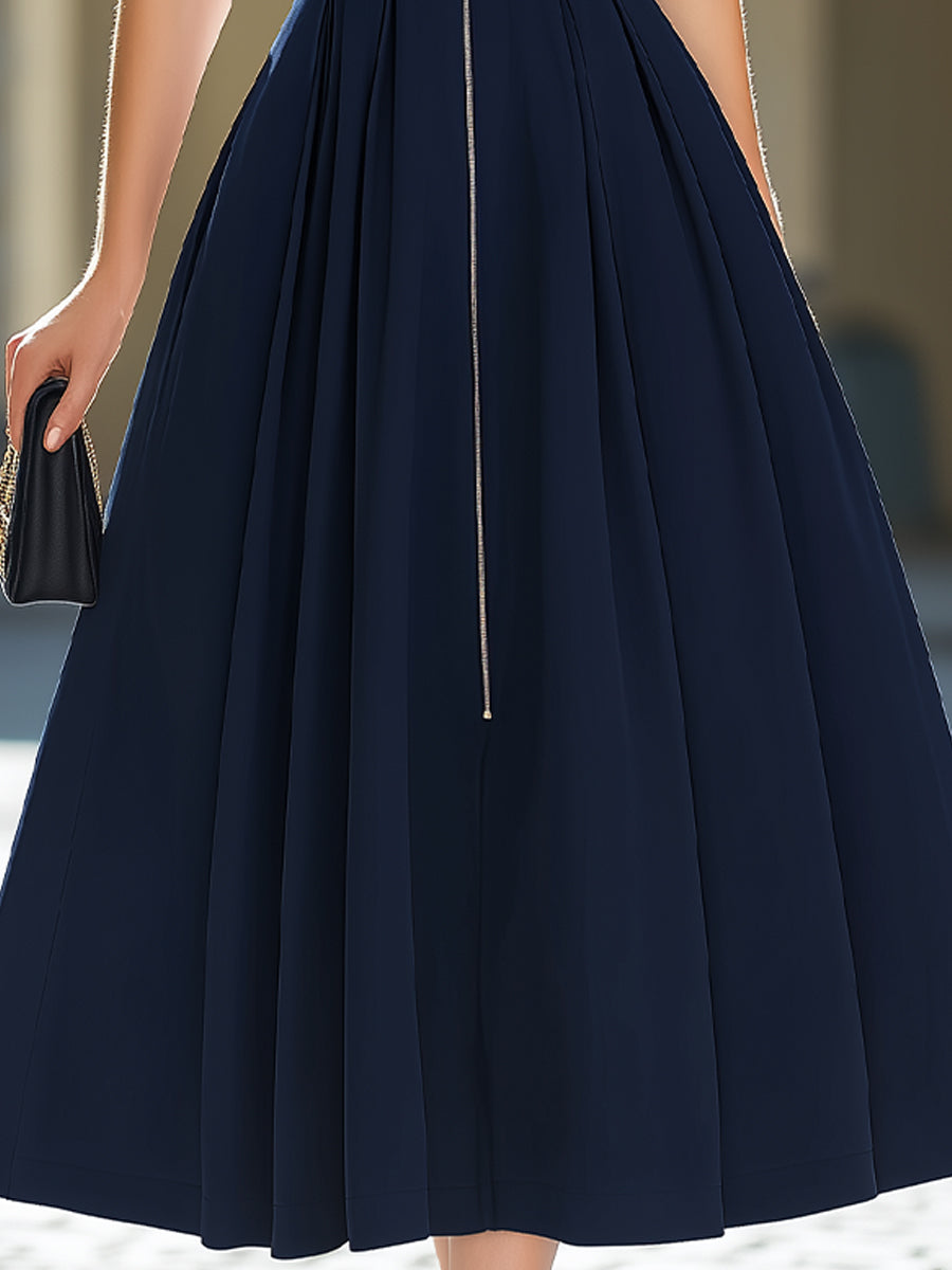 Navy Blue Zip-Front Fit-and-Flare Midi Dress