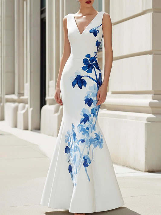 Elegant V-Neck Sleeveless Floral Mermaid Maxi Dress