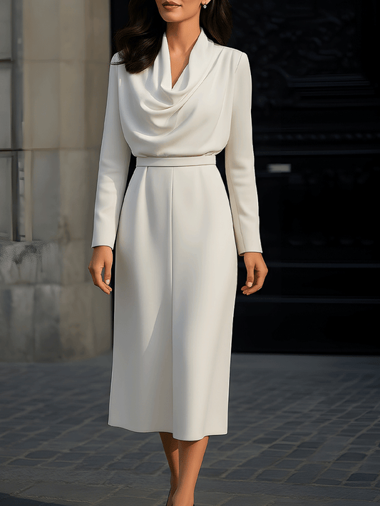 Ivory Draped Neck Midi Dress