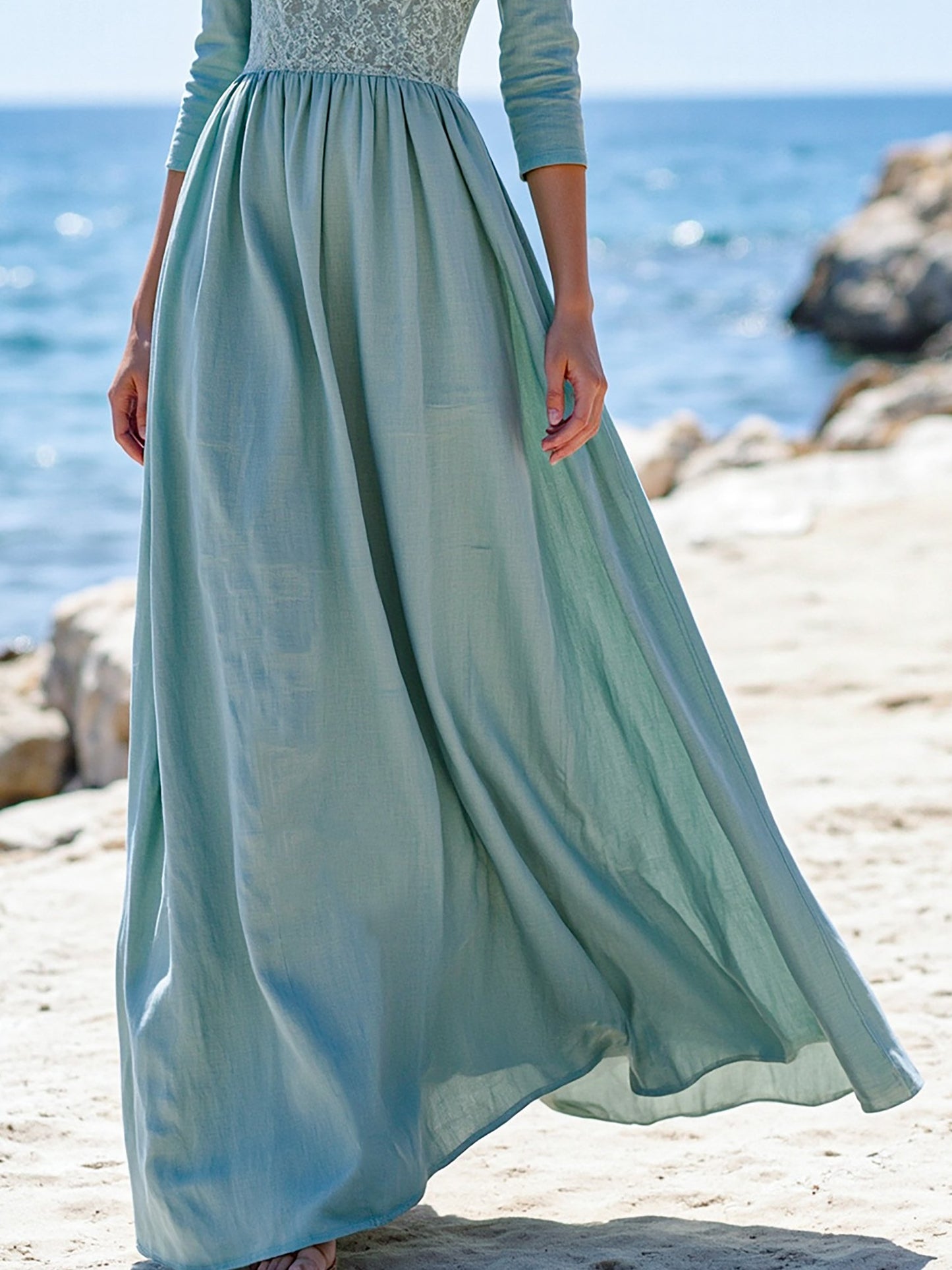 Maxi Linen Dress, Half Sleeve, V Neck, Plain, Lace, Vintage, Cyan