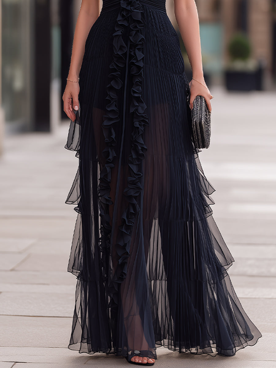 Halter Neck Ruffled Pleated Maxi Dress
