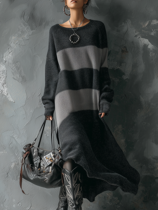 Retro Round Neck Contrast Color Knitted Midi Dress