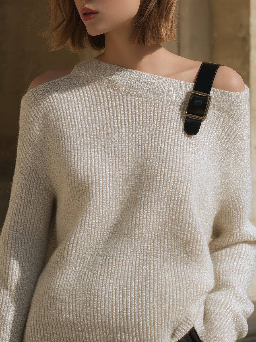Asymmetric Off-Shoulder Sweater With Buckle Detail