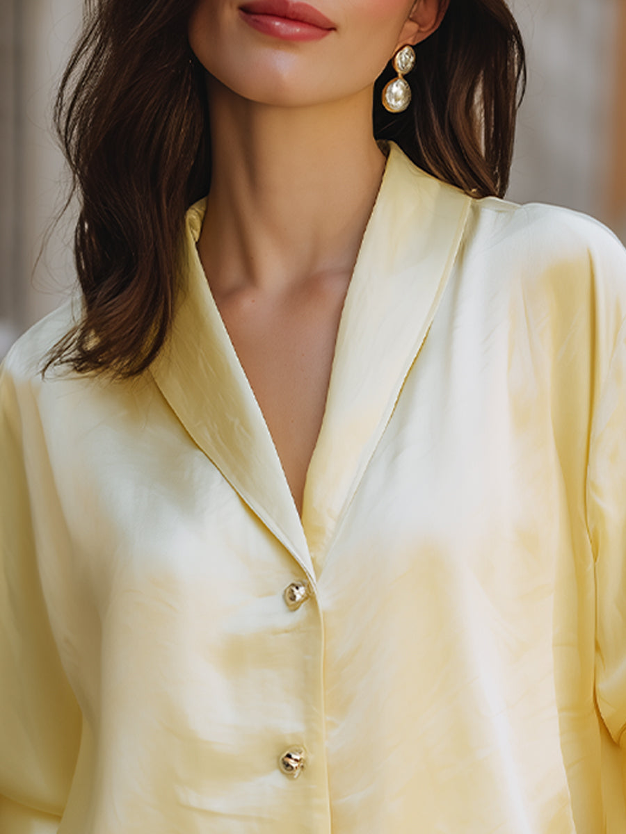 Elegant Soft Yellow Satin Button-Front Blouse With Relaxed Silhouette