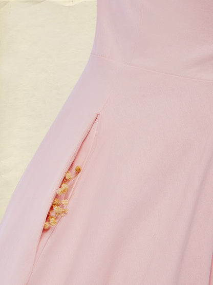 Maxi Cotton Dress Set, Half Sleeve, Round Neck, Floral, Pocket Design, French Vintage, Light Pink