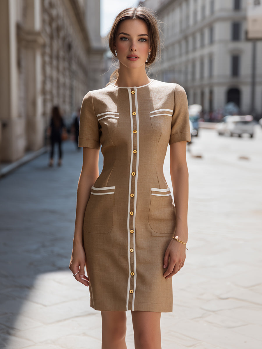 Vintage-Inspired Contrast Trim Button-Down Dress