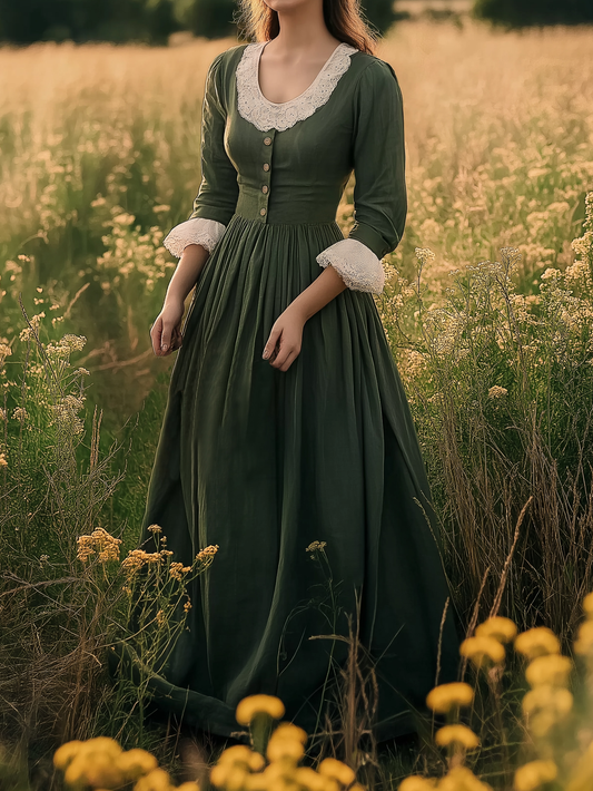 Maxi Linen Dress, Long Sleeves, Crew Neck, Lace Up, Linen Blend, Dark Green