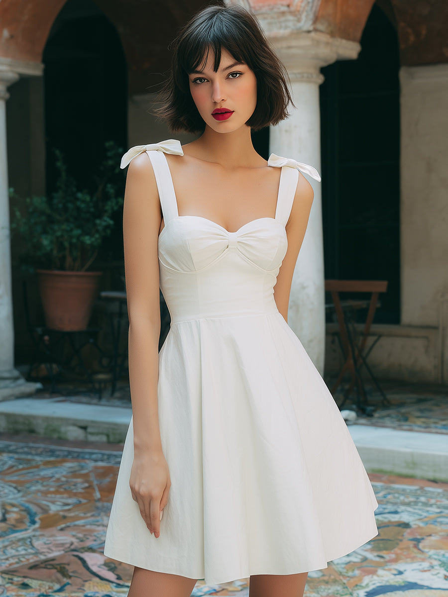 Ivory Bow-Strap Fit & Flare Mini Dress