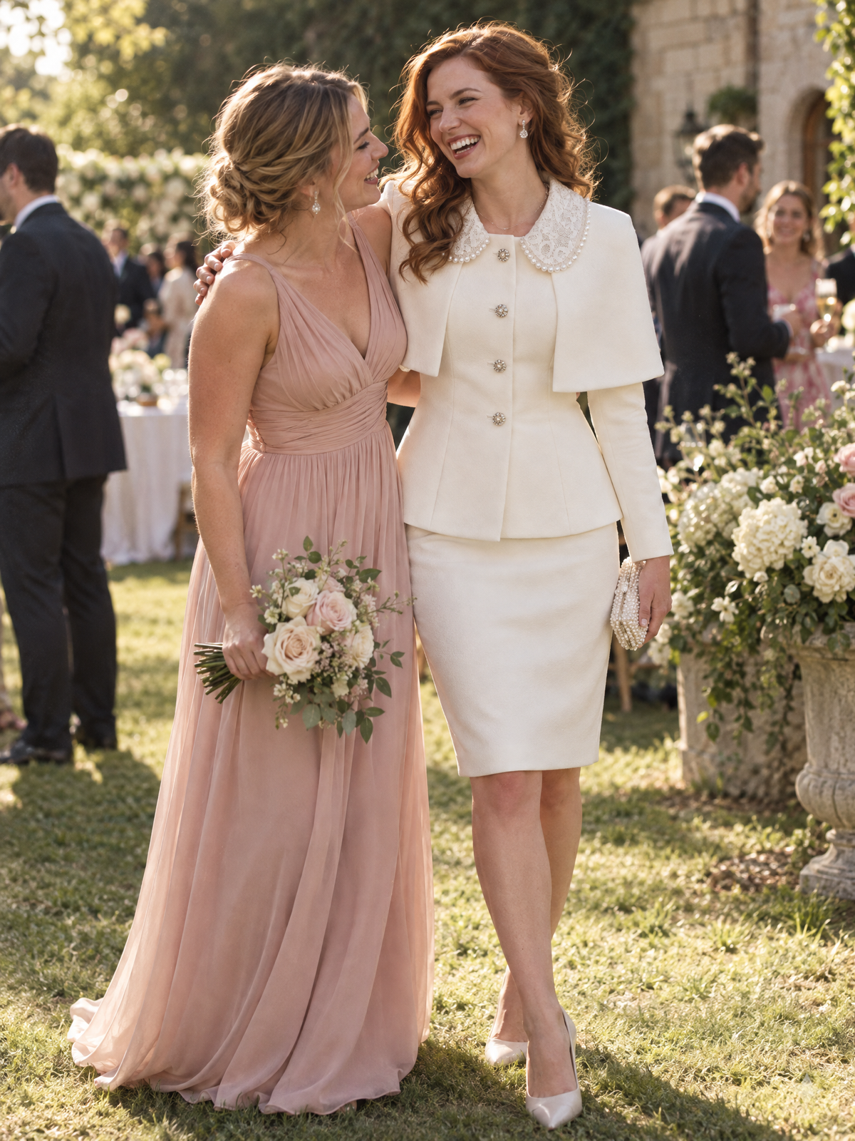 Ivory Pearl Lace Collar Cape Skirt Suit
