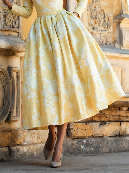 Midi Linen Dress, Long Sleeves, V Neck, Floral, Pocket Design, Vintage, Yellow