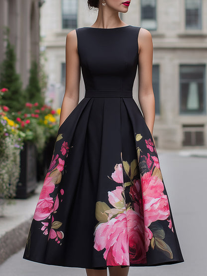 "Bloom in Grace" Floral Sleeveless A-Line Midi Dress