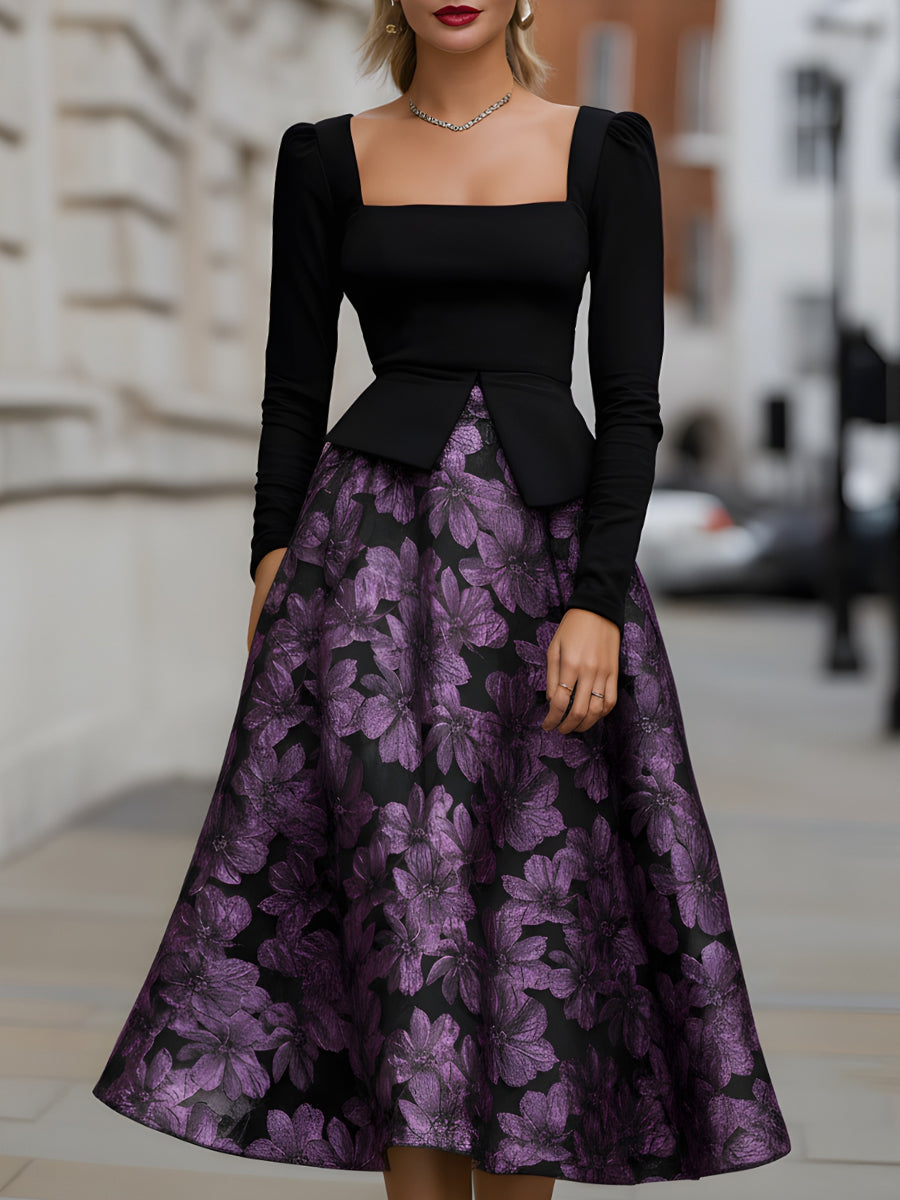 Floral Jacquard Peplum Bodice Midi Dress