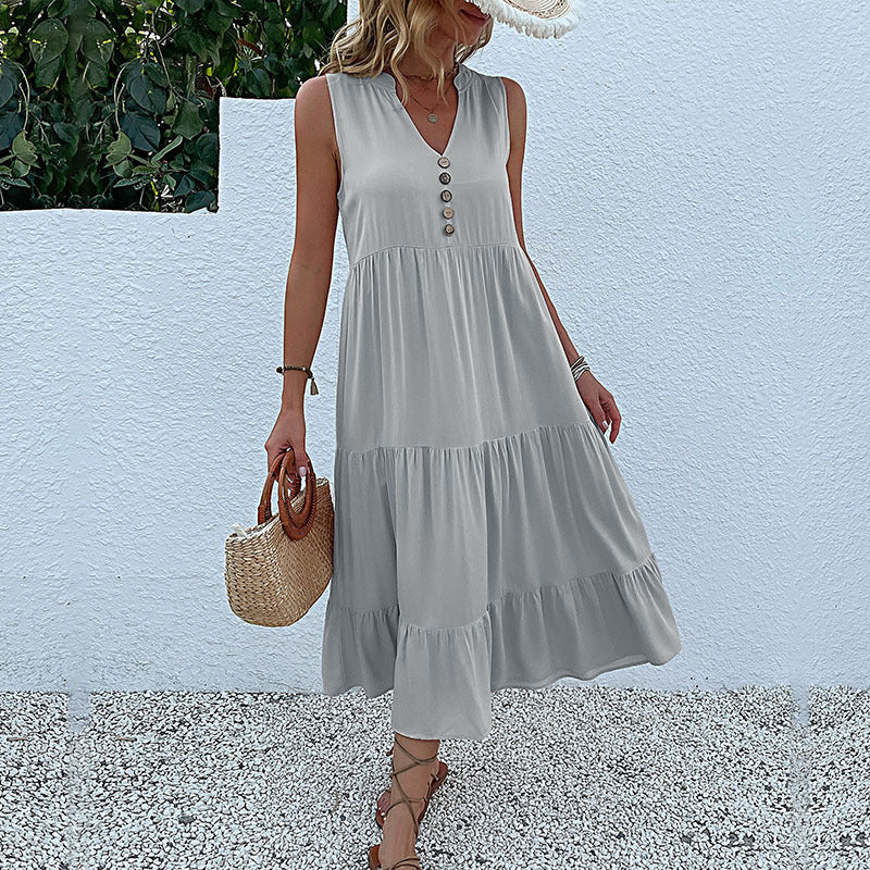 Sleeveless Draped Dress Loose V-neck Mid-Length Dress