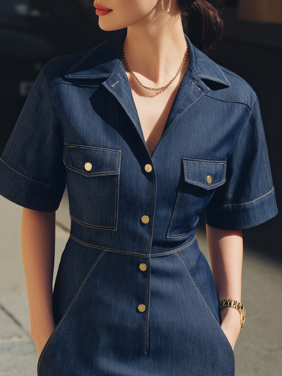Short Sleeves Button-Front Tailored Denim Dress