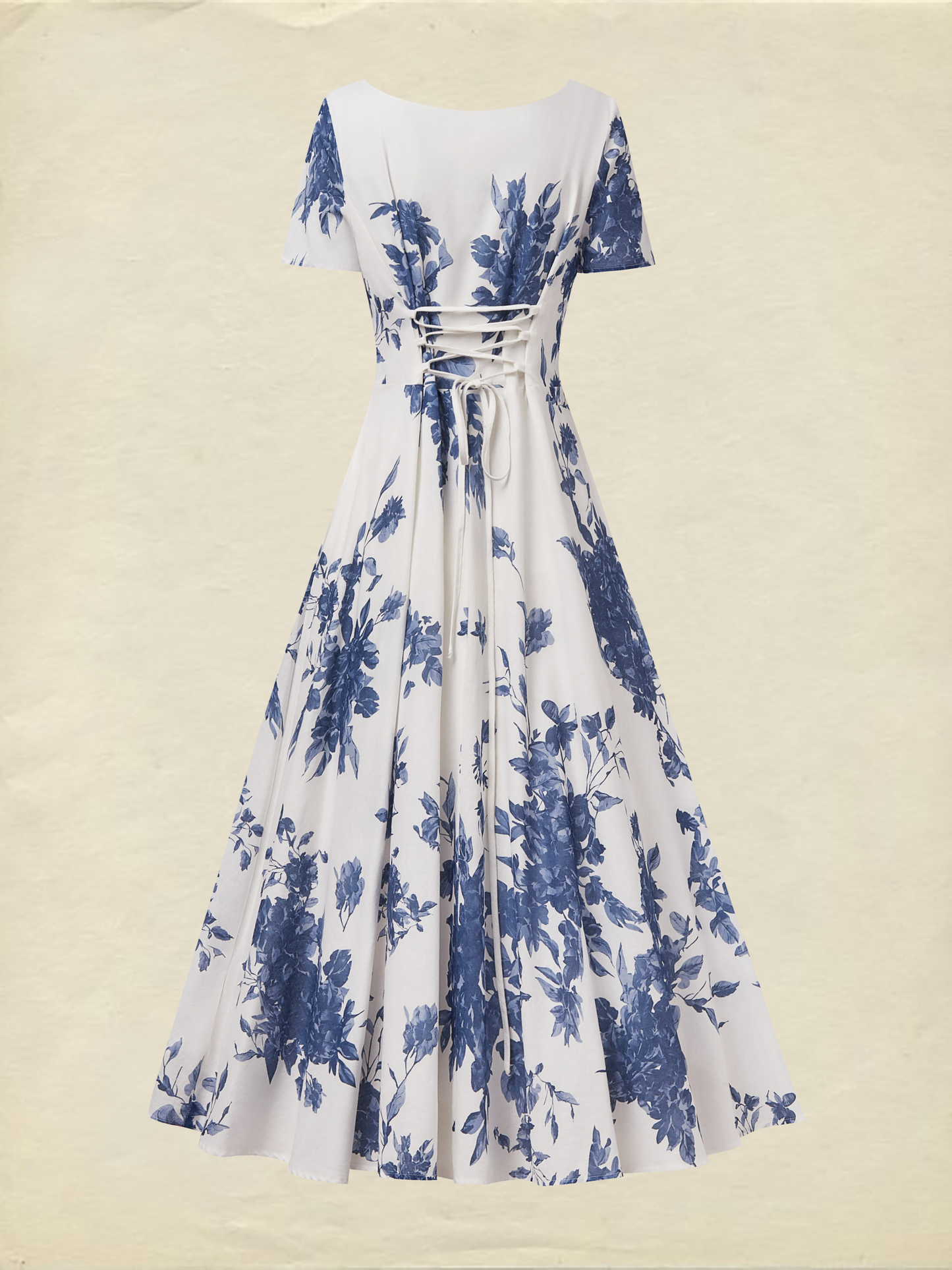 Maxi Linen Dress , Short Sleeves, Square Neck, Floral, Vacation, French Vintage, Blue