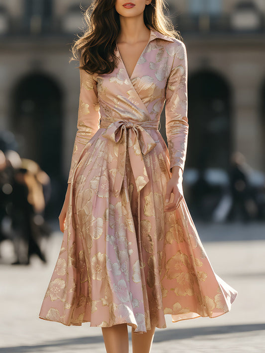 Metallic Floral Jacquard Wrap Dress