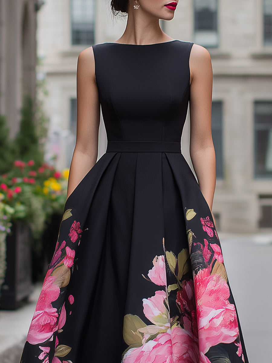 Elegant Sleeveless Midi Dress With Floral Printed Skirt