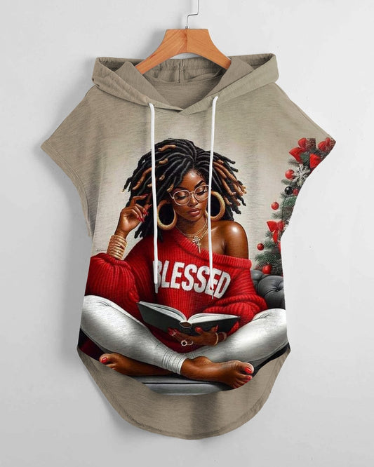 Blessed Afro Girl High Low Hem Drawstring Hooded Tee