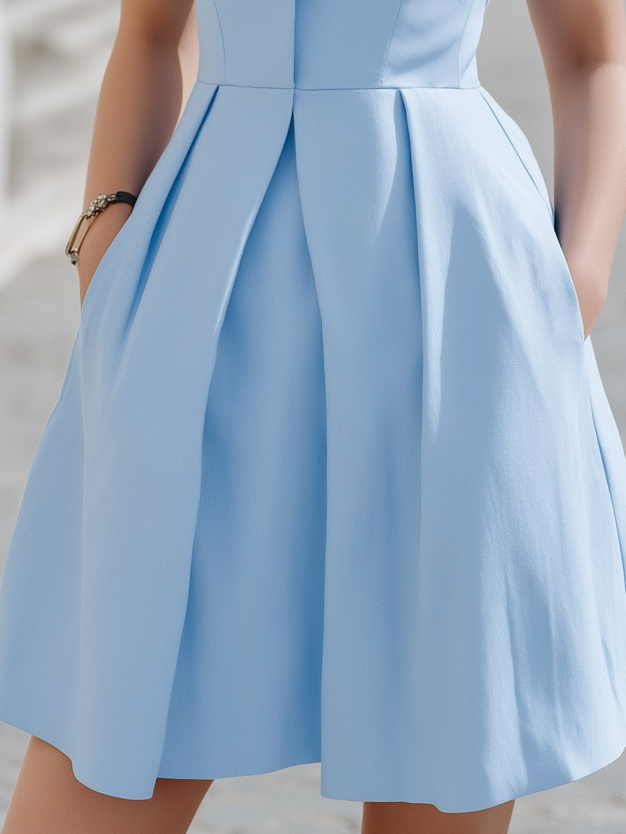 Structured V-Neck Pleated A-Line Dress