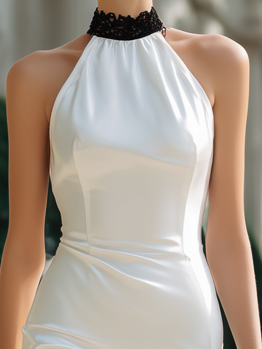 White Halter Neck Mini Dress With Lace Trim