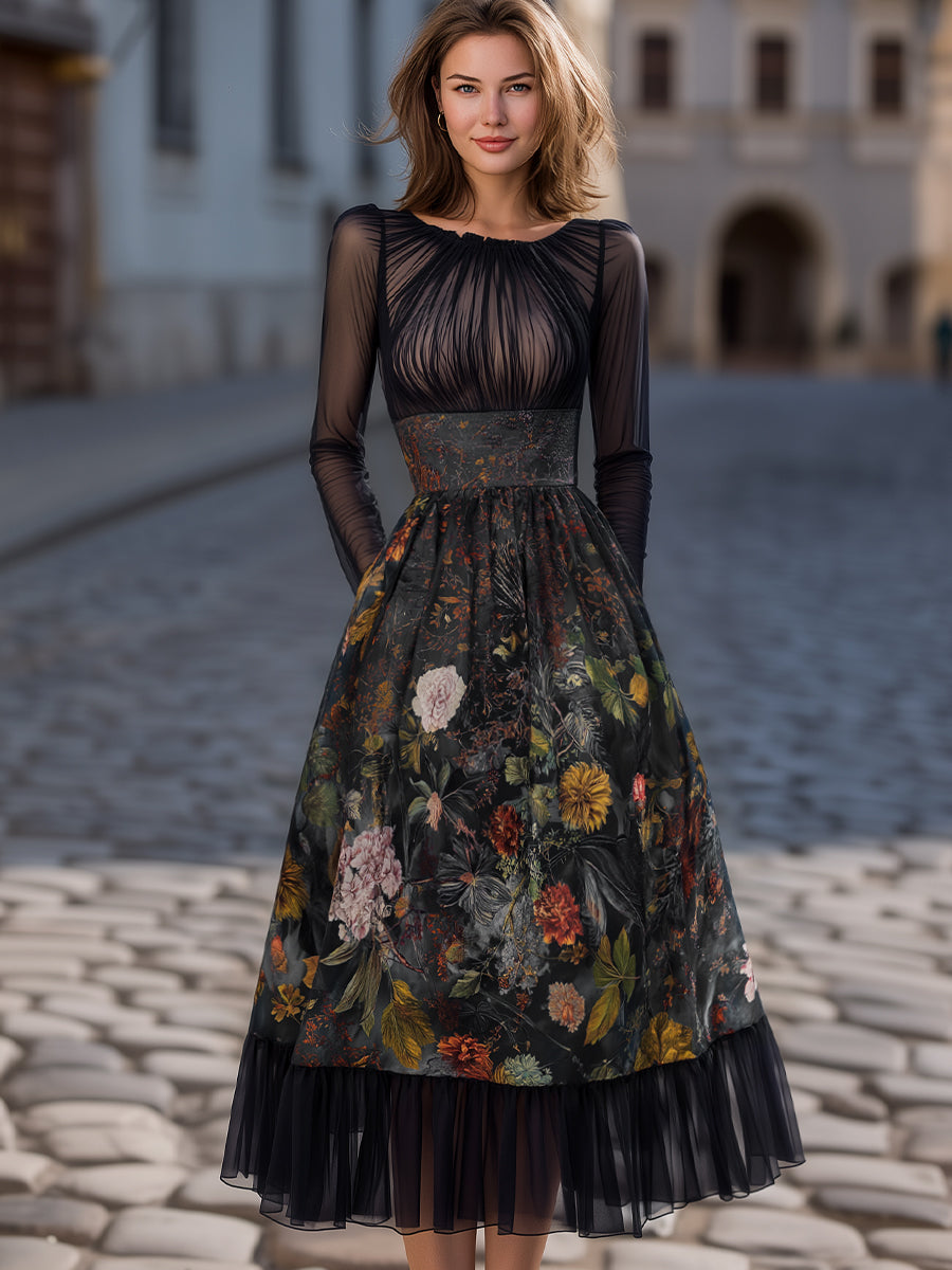 Pleated Sheer Long-Sleeve Floral Midi Dress