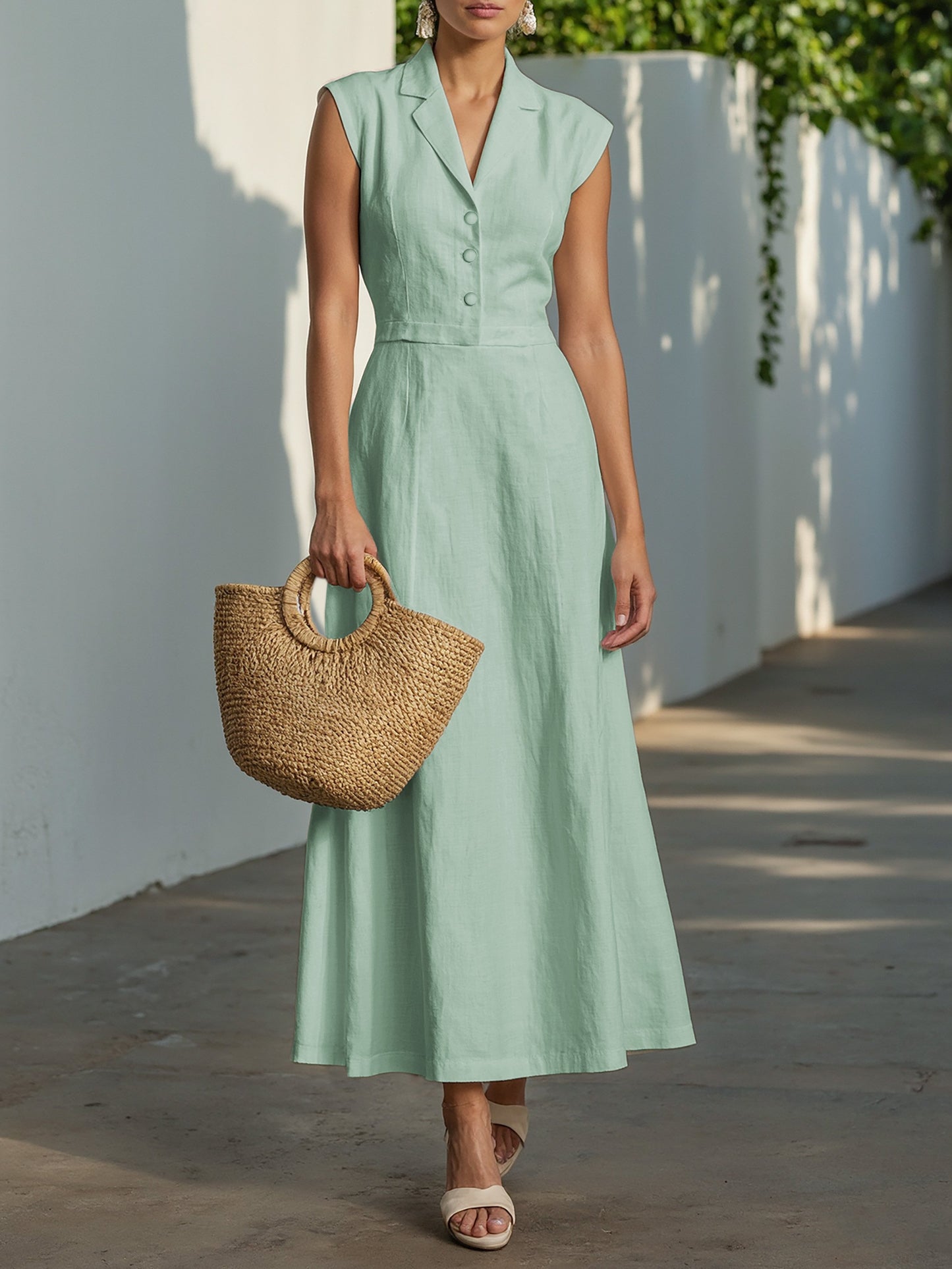 Maxi Cotton Dress , Cap Sleeves, Shawl Collar, Plain, Button Design, Vintage,  Light Green