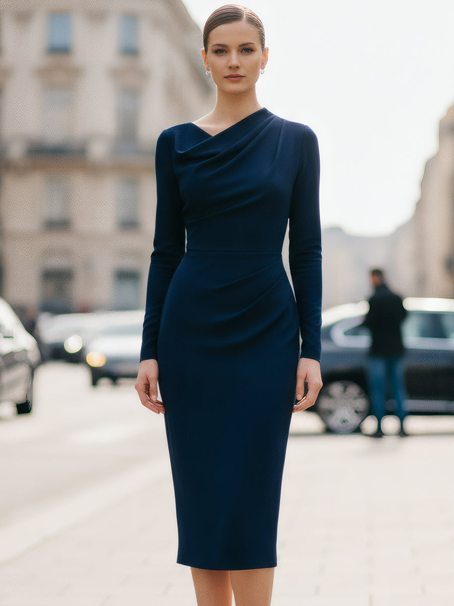 Navy Draped Midi Dress